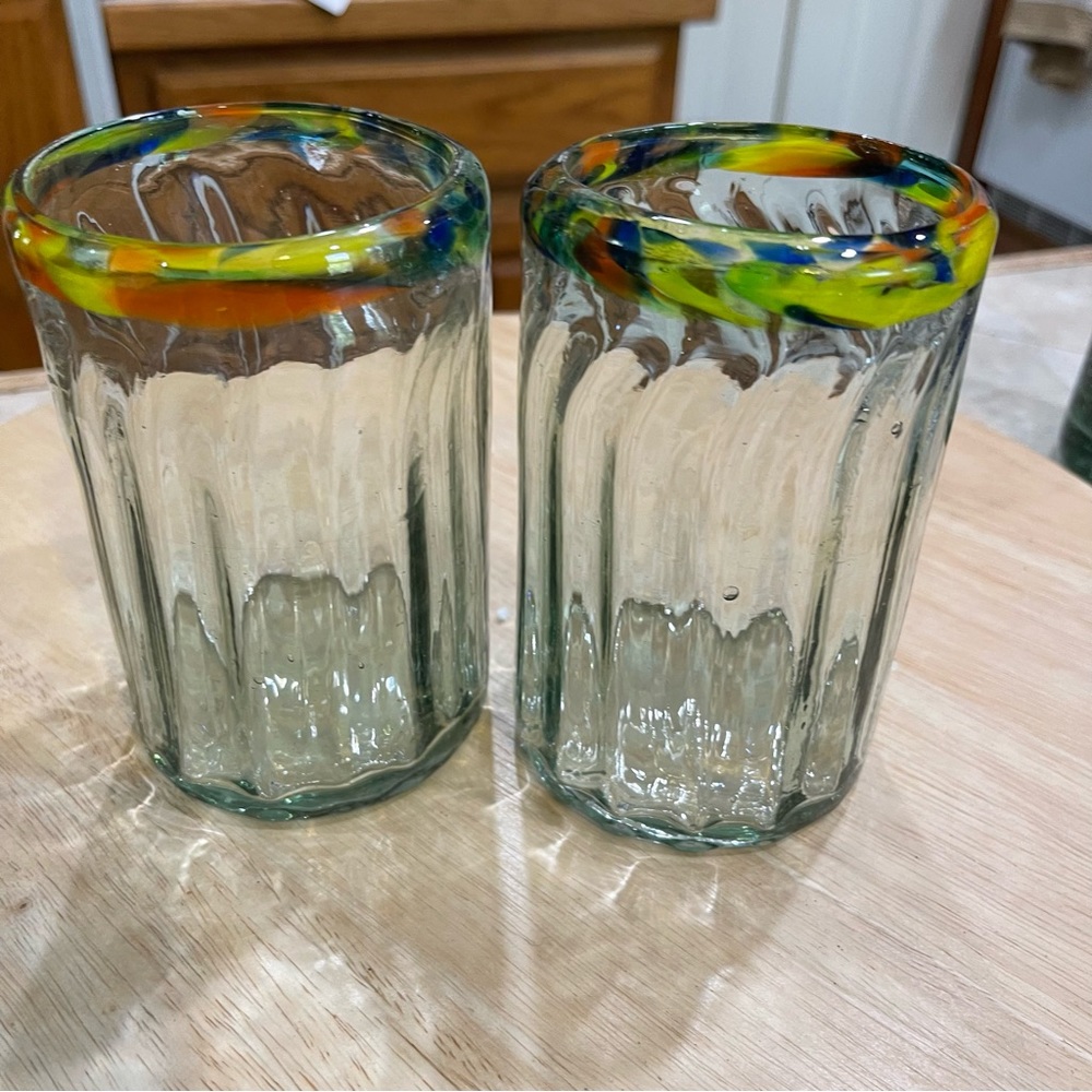 COPY - - 2 Mexican hand blown multi color rim glasses
